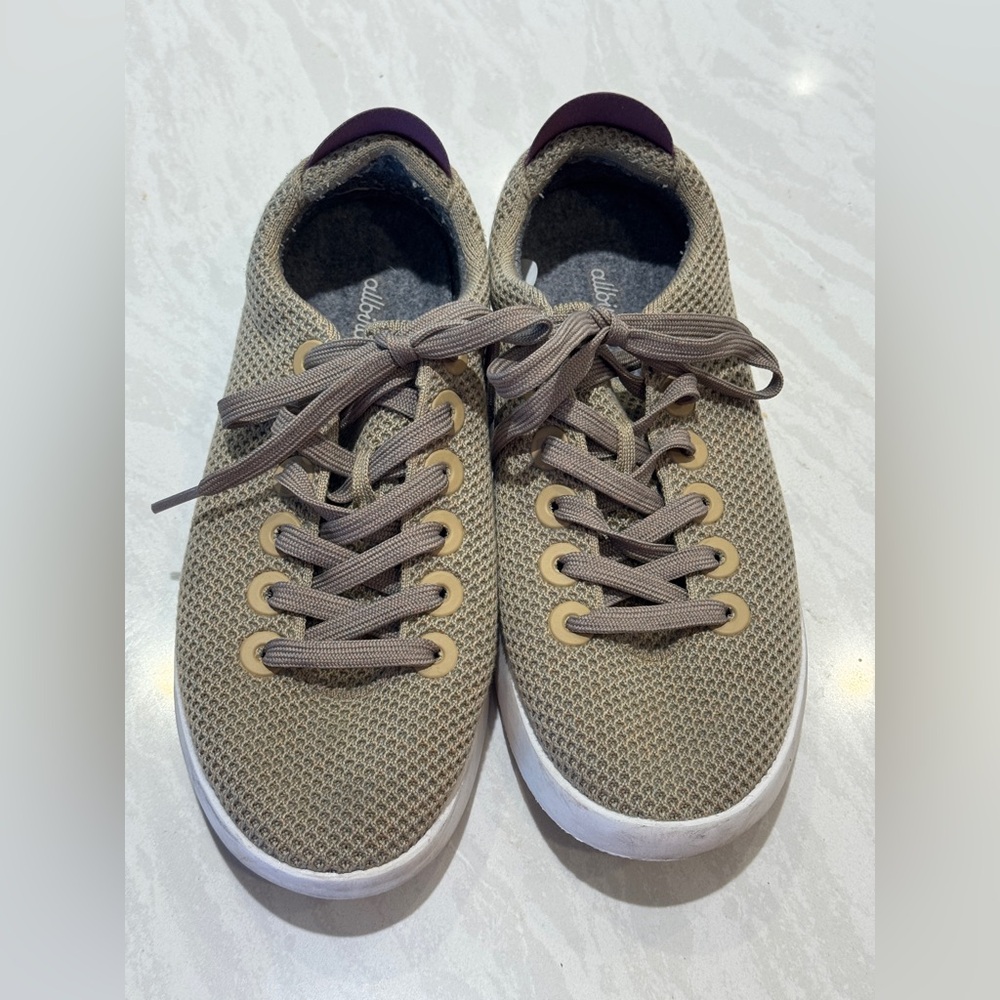 allbirds Women’s Knit Sneakers in Taupe with Purple Heel Tab